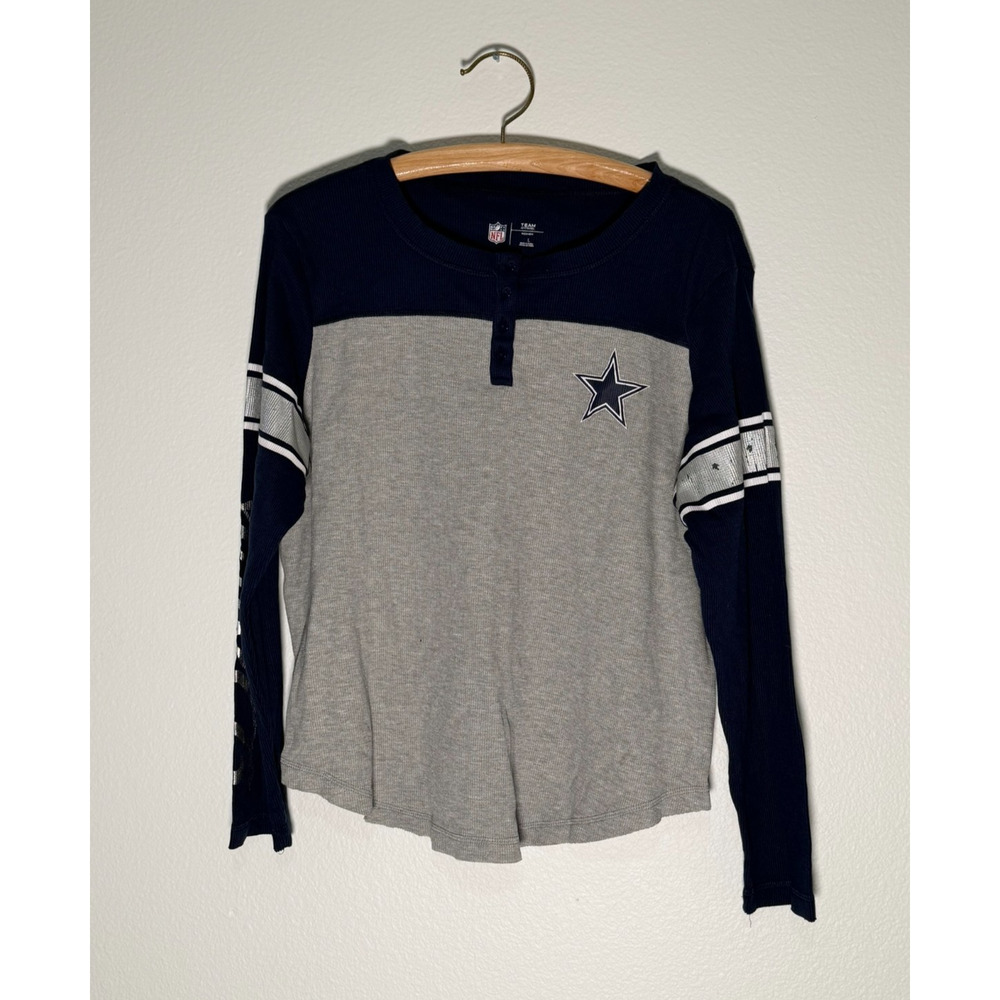 Dallas Cowboys Women’s Large Long Sleeve Henley Shirt NFL Team Apparel Blue Gray